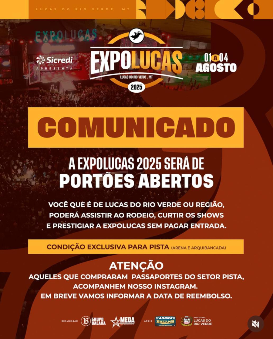 Expolucas 2025 terá entrada gratuita na pista e promete celebrar os 37 anos de Lucas do Rio Verde com grandes atrações